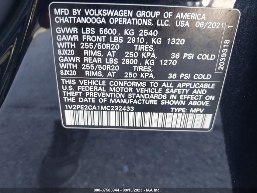 VIN 1V2PE2CA1MC232433 2021 VOLKSWAGEN ATLAS CROSS SPORT SE