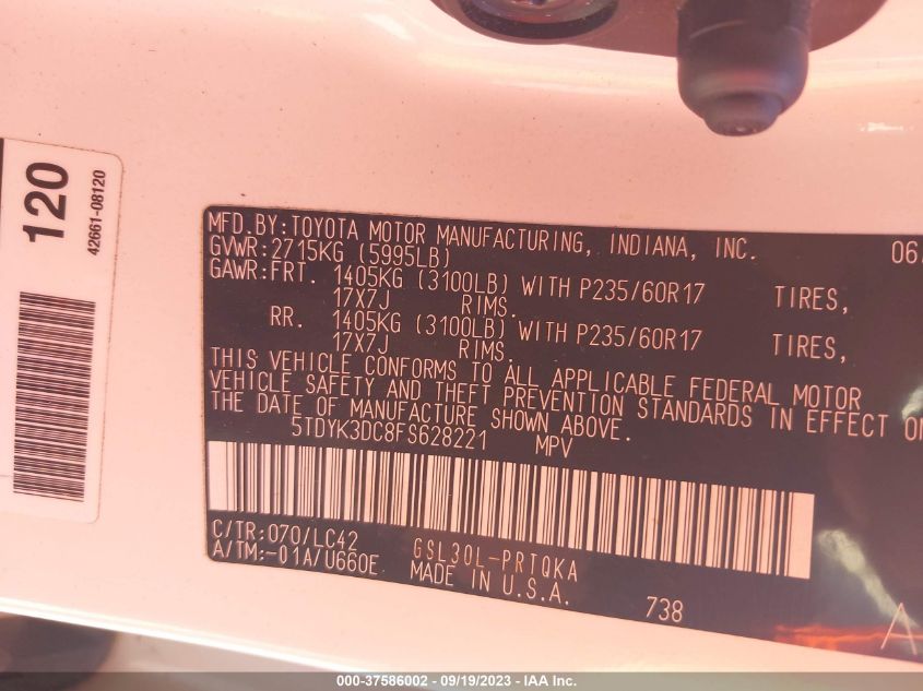 2015 TOYOTA SIENNA XLE/LIMITED - 5TDYK3DC8FS628221