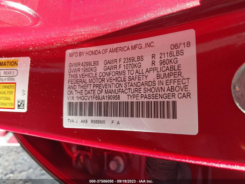 2018 HONDA ACCORD SEDAN EX-L NAVI 1.5T - 1HGCV1F69JA190958