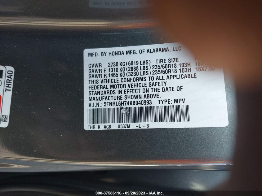 2019 HONDA ODYSSEY EX-L - 5FNRL6H74KB040993