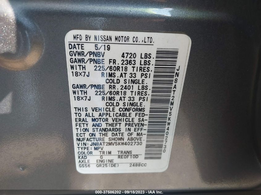 2019 NISSAN ROGUE SV - JN8AT2MV5KW402730