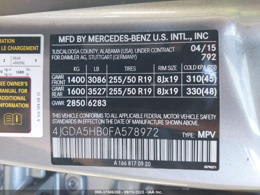 2015 MERCEDES-BENZ M-CLASS ML 350 4JGDA5HB0FA578972