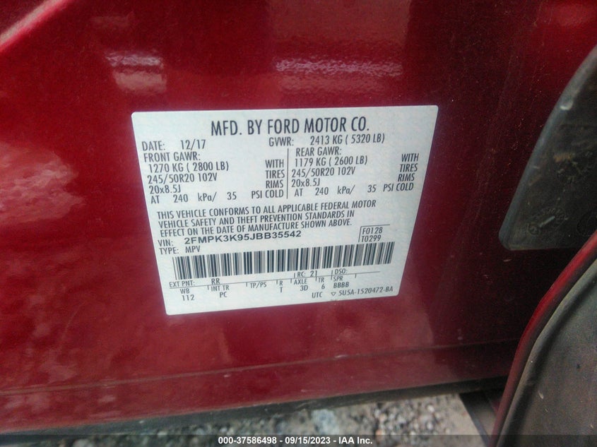 VIN 2FMPK3K95JBB35542 2018 FORD EDGE TITANIUM