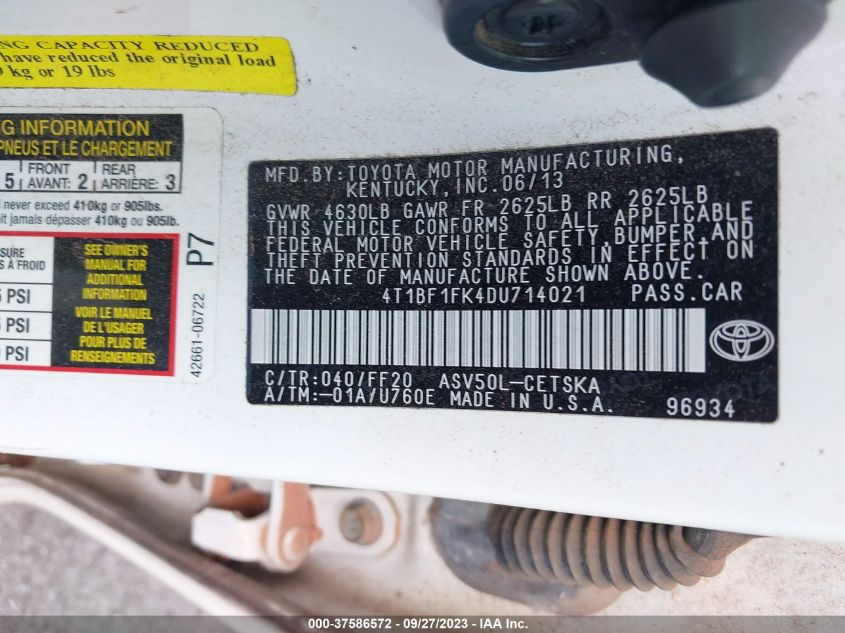 2013 TOYOTA CAMRY L/LE/SE/XLE - 4T1BF1FK4DU714021