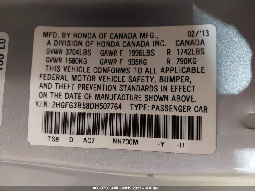 2013 HONDA CIVIC CPE LX 2HGFG3B58DH507764