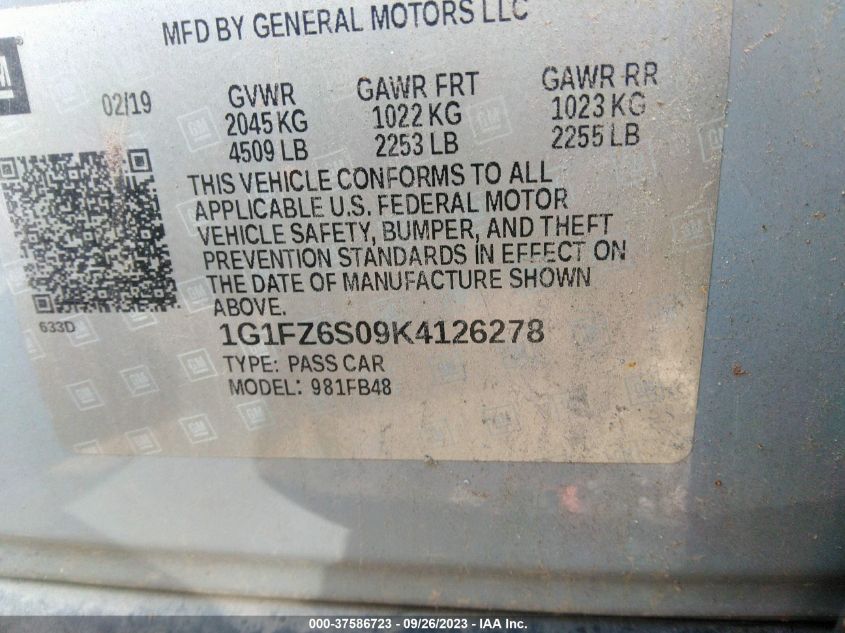 2019 CHEVROLET BOLT EV PREMIER - 1G1FZ6S09K4126278