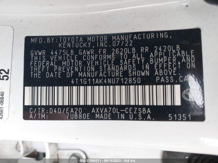 2022 TOYOTA CAMRY SE - 4T1G11AK4NU712850