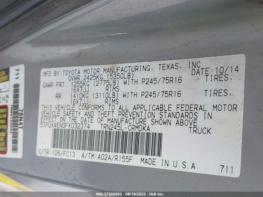 2015 TOYOTA TACOMA - 5TFUX4EN0FX032374