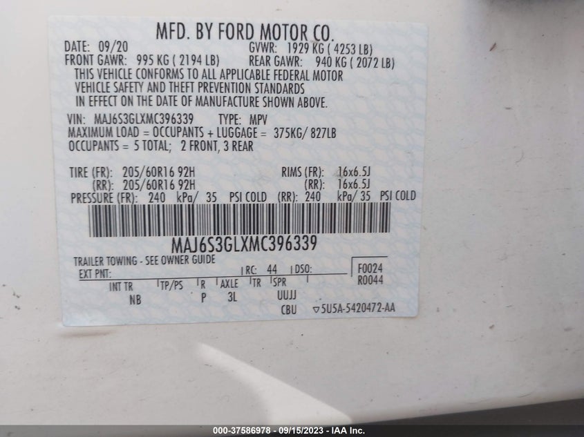2021 FORD ECOSPORT 2.0L I4 FI DOHC 16V (VIN: MAJ6S3GLXMC396339