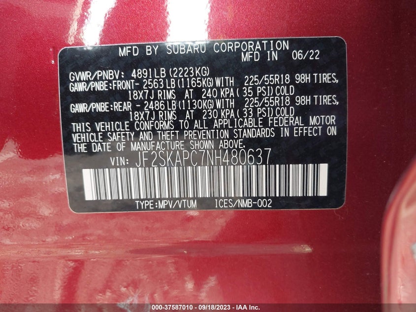 VIN JF2SKAPC7NH480637 2022 SUBARU FORESTER LIMITED