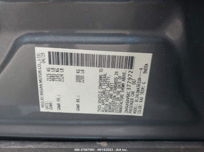 2019 NISSAN MAXIMA S - 1N4AA6AV6KC377972