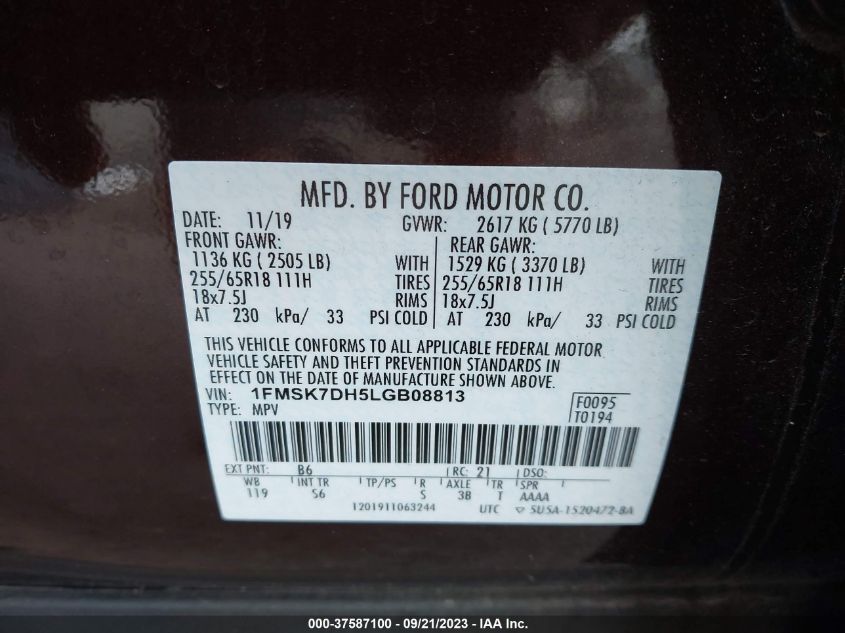 2020 FORD EXPLORER XLT - 1FMSK7DH5LGB08813
