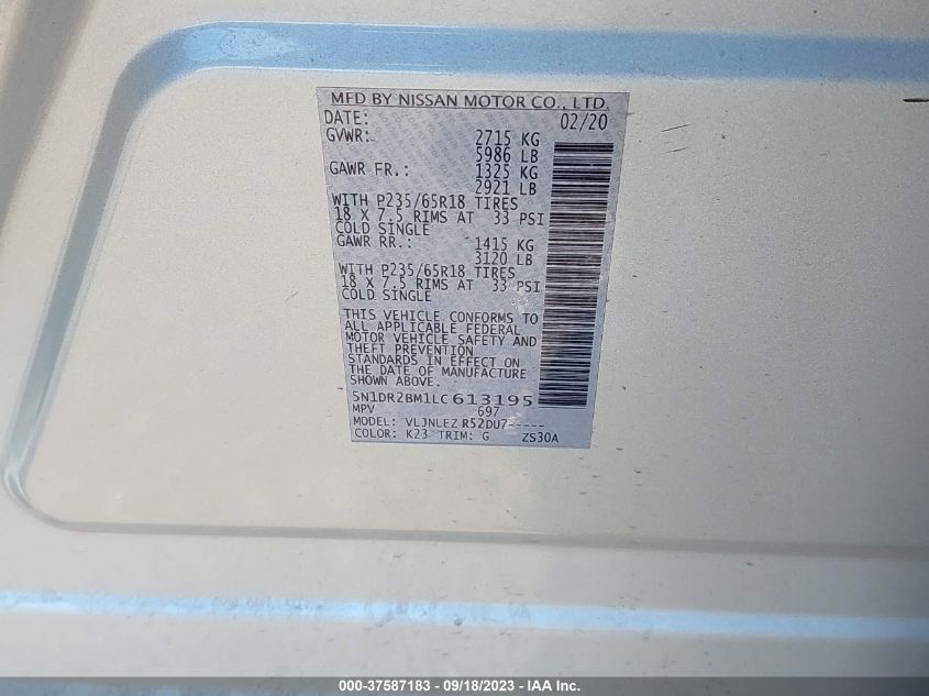 2020 NISSAN PATHFINDER SV - 5N1DR2BM1LC613195