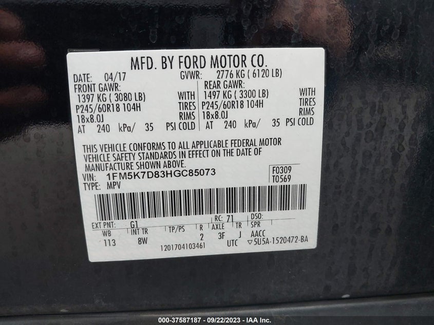VIN 1FM5K7D83HGC85073 2017 FORD EXPLORER XLT