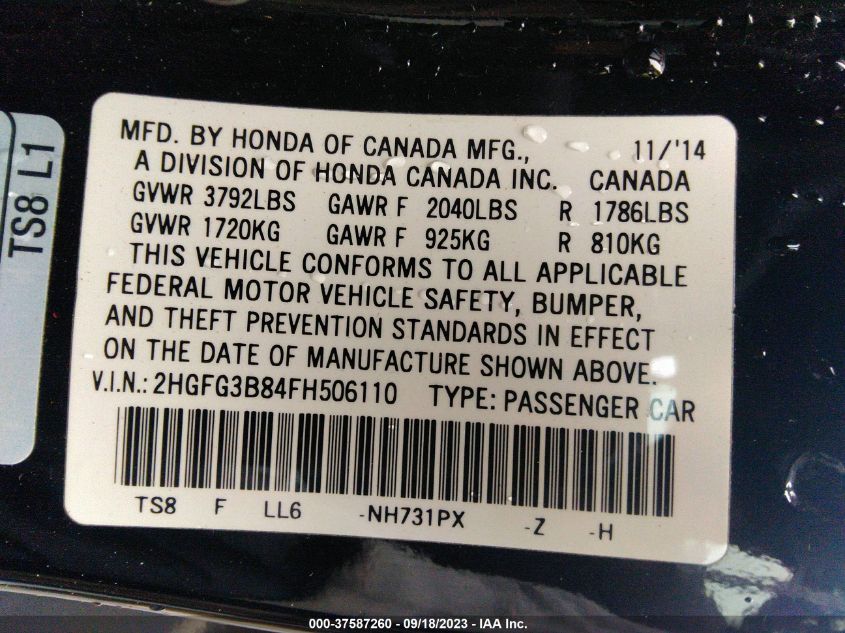 2015 HONDA CIVIC COUPE EX 2HGFG3B84FH506110