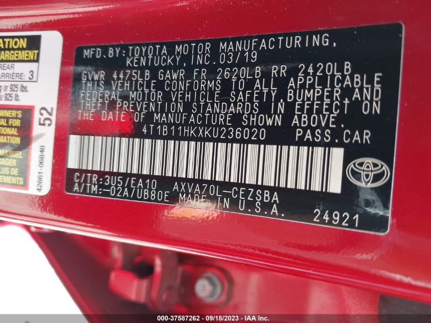 2019 TOYOTA CAMRY L/LE/XLE/SE/XSE - 4T1B11HKXKU236020