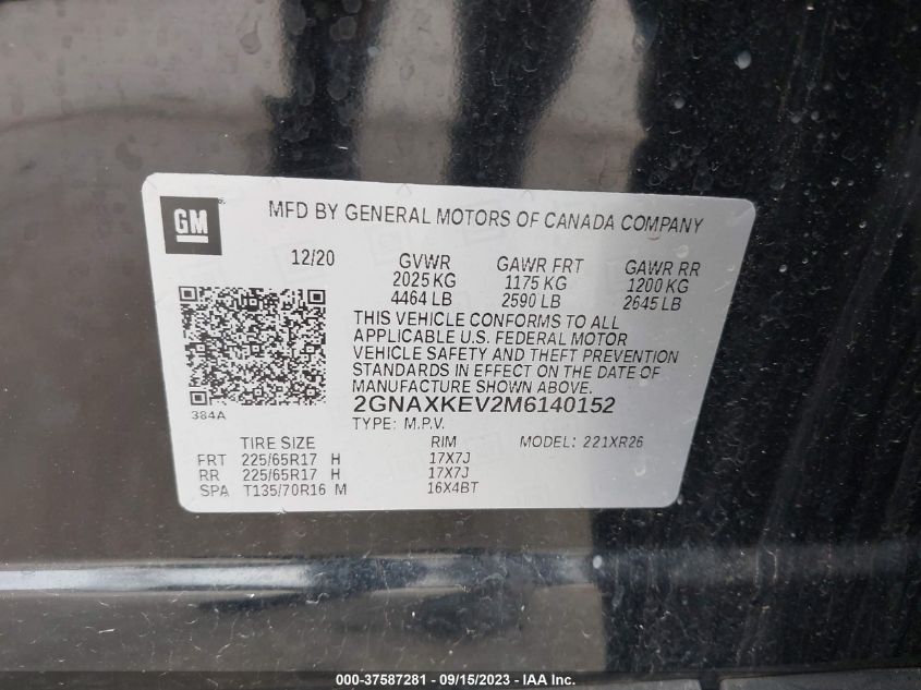 2021 CHEVROLET EQUINOX LT - 2GNAXKEV2M6140152
