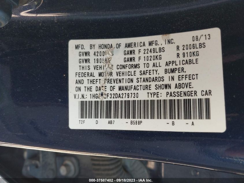2013 HONDA ACCORD SDN LX - 1HGCR2F32DA279730