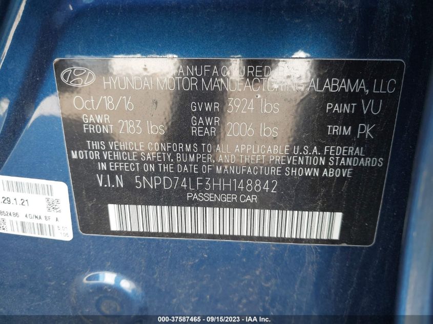 2017 HYUNDAI ELANTRA SE - 5NPD74LF3HH148842
