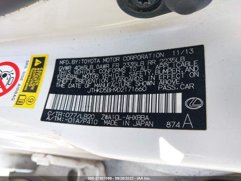 2013 LEXUS CT 200H HYBRID - JTHKD5BH9D2171660