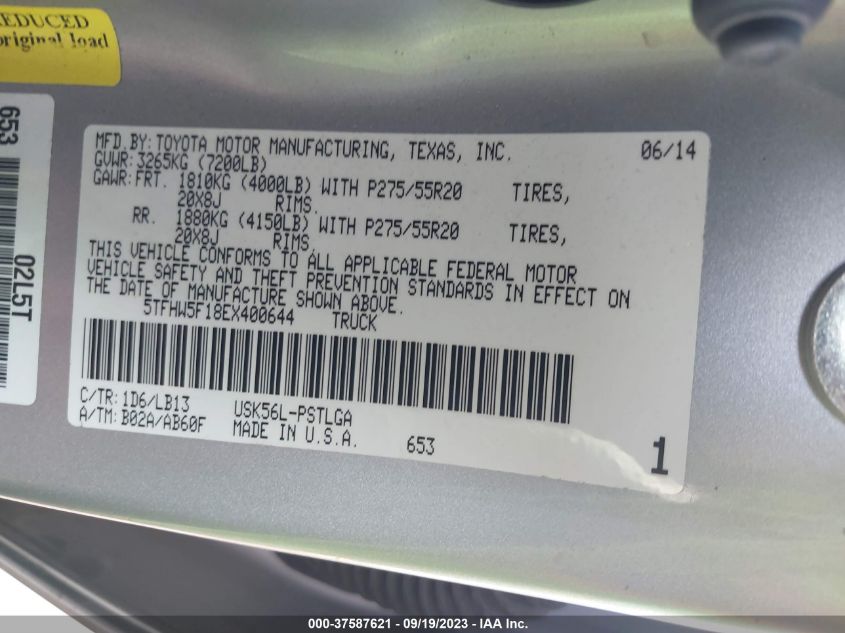2014 TOYOTA TUNDRA 4WD TRUCK LTD 5TFHW5F18EX400644