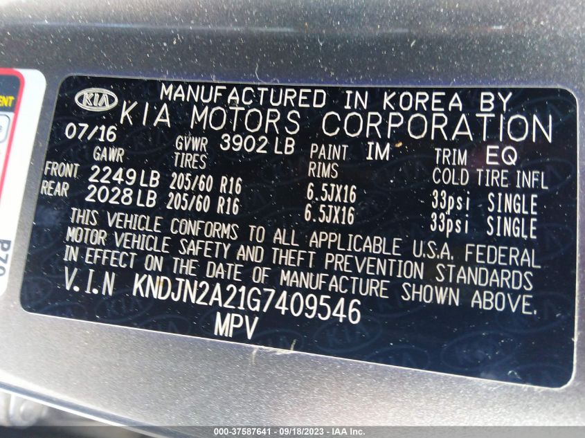2016 KIA SOUL BASE - KNDJN2A21G7409546