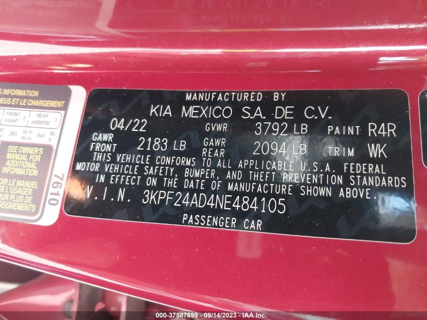 2022 KIA FORTE LXS - 3KPF24AD4NE484105