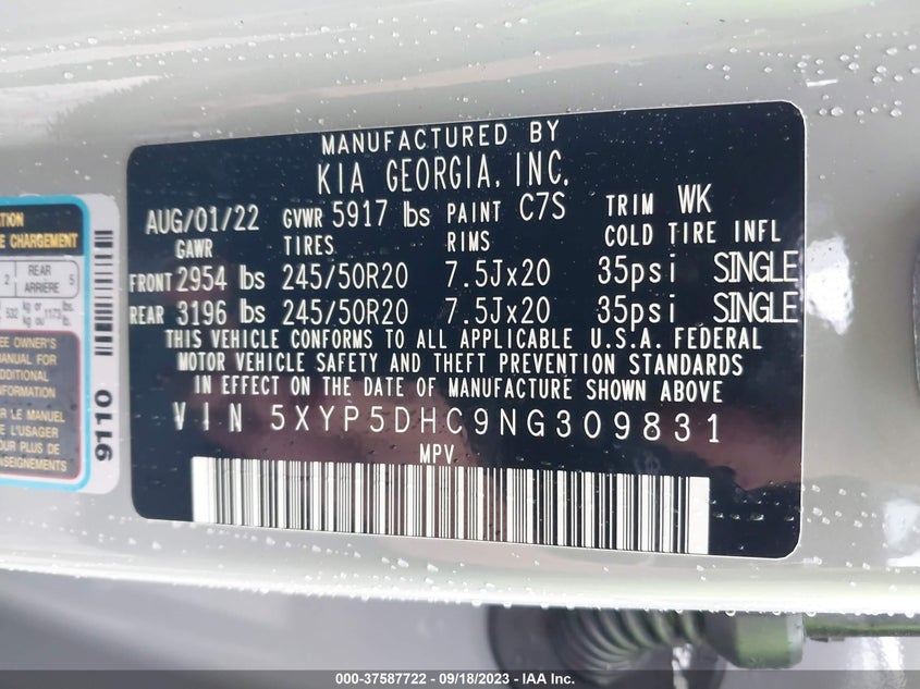 VIN 5XYP5DHC9NG309831 2022 KIA TELLURIDE SX