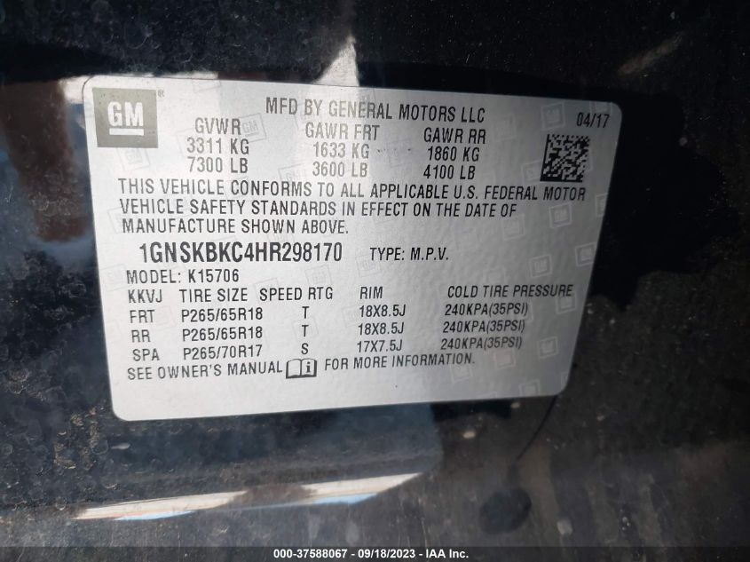 2017 CHEVROLET TAHOE LT - 1GNSKBKC4HR298170