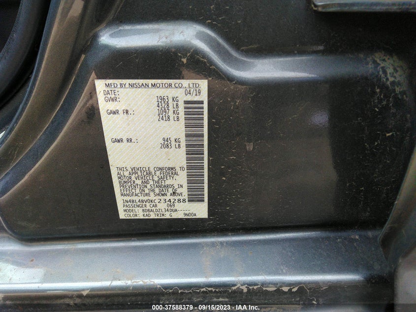 VIN 1N4BL4BV0KC234288 2019 NISSAN ALTIMA 2.5 S