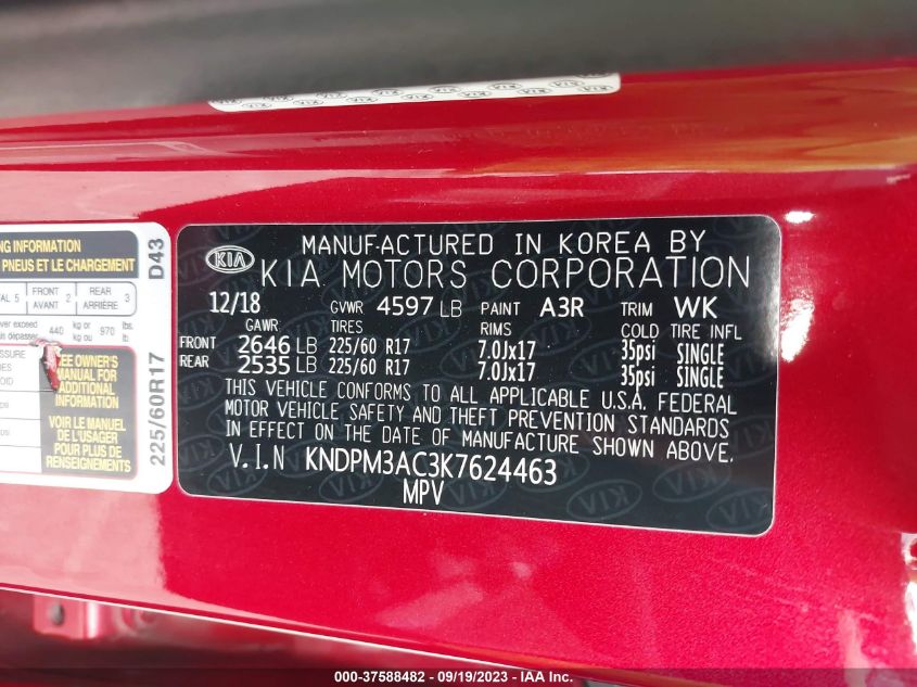 2019 KIA SPORTAGE LX - KNDPM3AC3K7624463