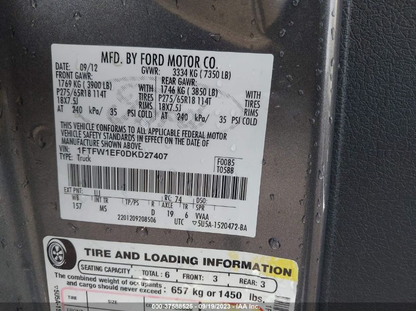 2013 FORD F-150 XL/XLT/FX4/LARIAT - 1FTFW1EF0DKD27407