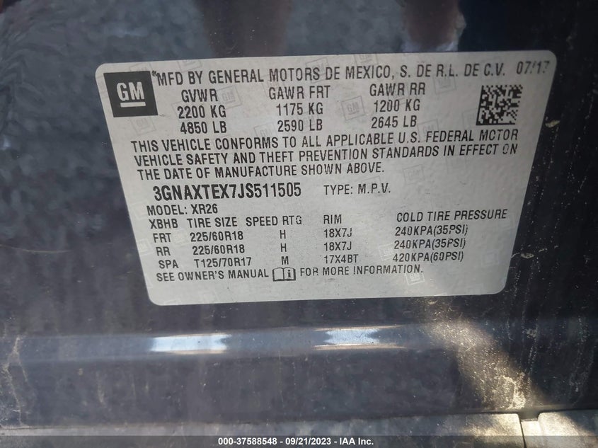 VIN 3GNAXTEX7JS511505 2018 CHEVROLET EQUINOX LT