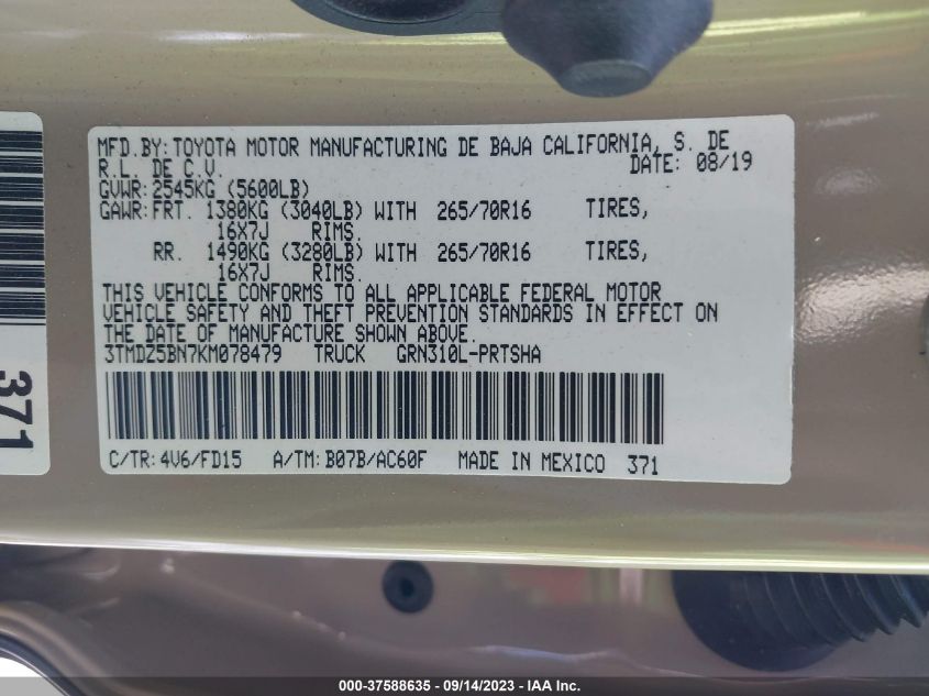 2019 TOYOTA TACOMA 4WD SR5/TRD SPORT - 3TMDZ5BN7KM078479