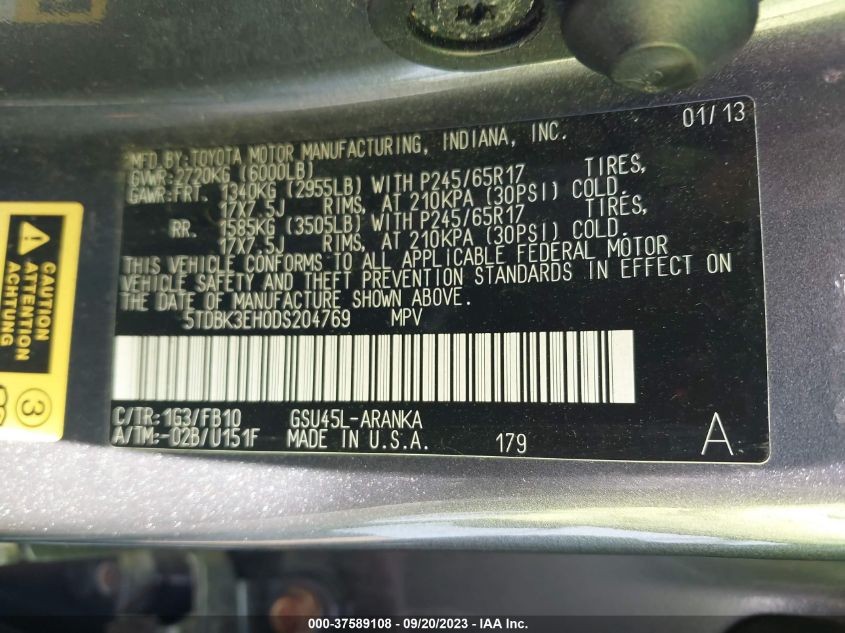 2013 TOYOTA HIGHLANDER PLUS/SE - 5TDBK3EH0DS204769