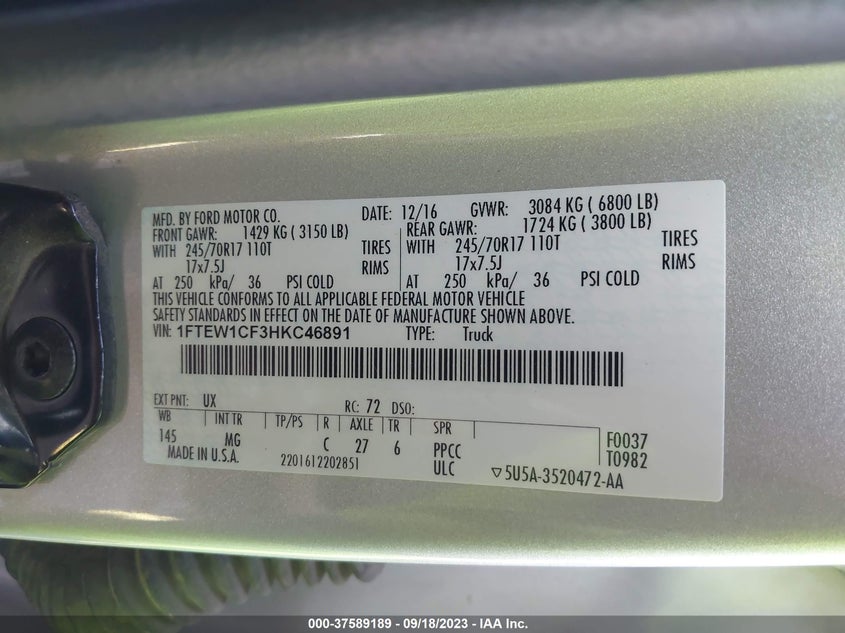 VIN 1FTEW1CF3HKC46891 2017 FORD F-150 XL/XLT/LARIAT