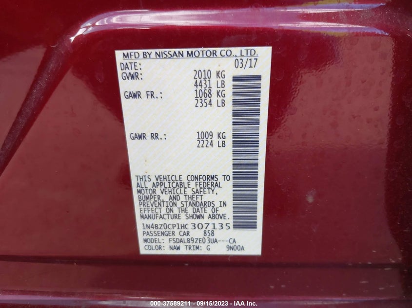 VIN 1N4BZ0CP1HC307135 2017 NISSAN LEAF S