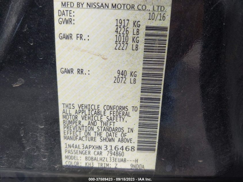 2017 NISSAN ALTIMA 2.5 SR - 1N4AL3APXHN316468