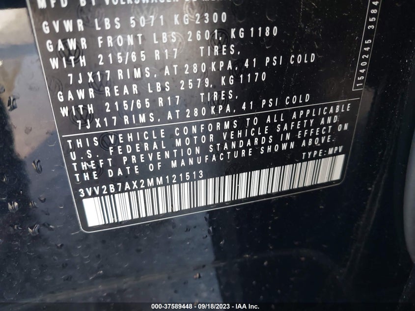 VIN 3VV2B7AX2MM121513 2021 VOLKSWAGEN TIGUAN SEL
