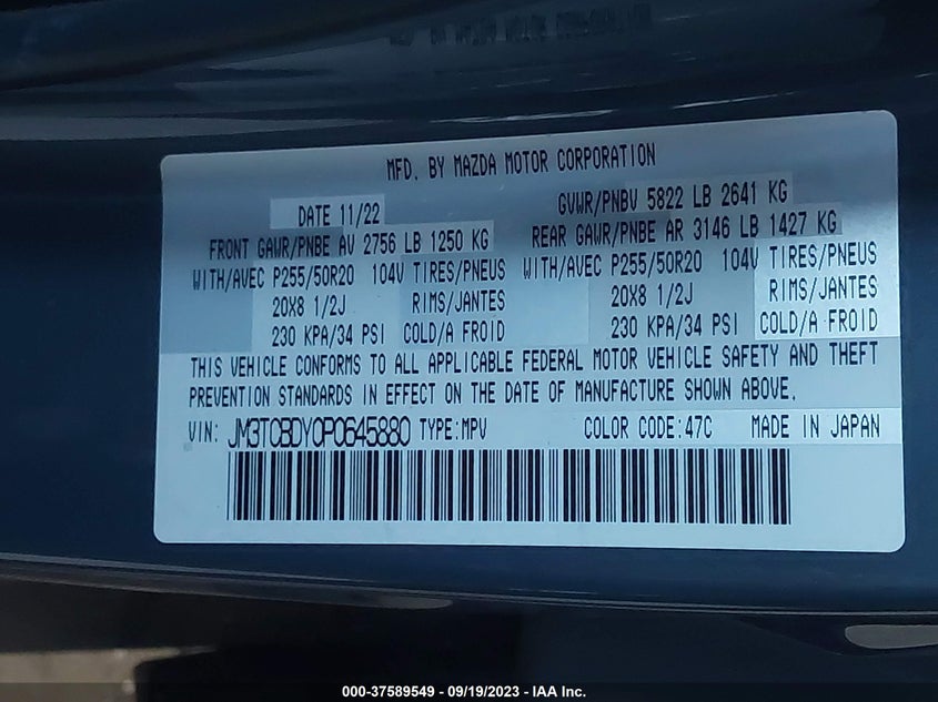 VIN JM3TCBDY0P0645880 2023 MAZDA CX-9 GRAND TOURING
