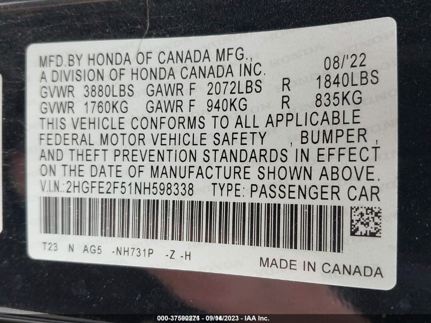 2022 HONDA CIVIC SEDAN SPORT - 2HGFE2F51NH598338