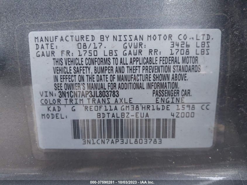 2018 NISSAN VERSA SEDAN SV 3N1CN7AP3JL803783