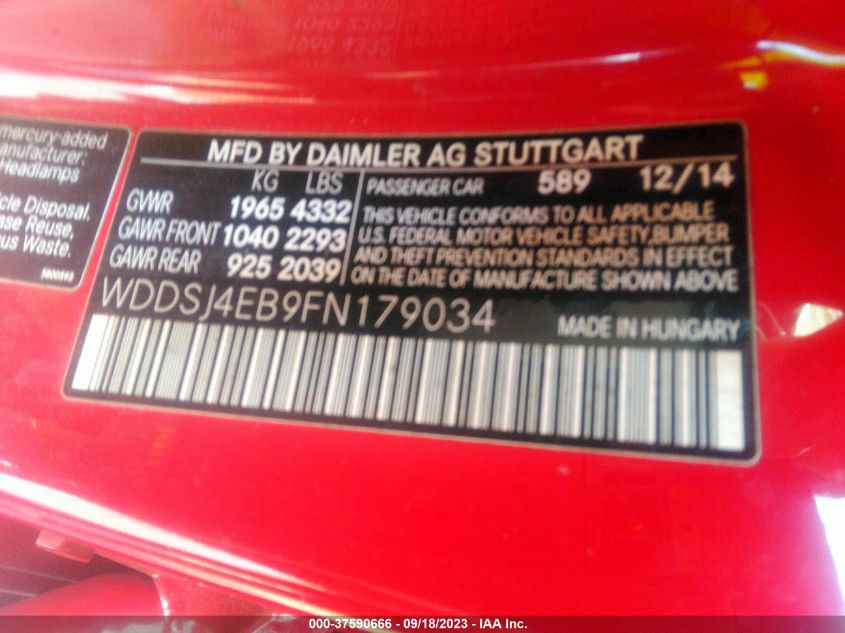 2015 MERCEDES-BENZ CLA-CLASS CLA 250 WDDSJ4EB9FN179034