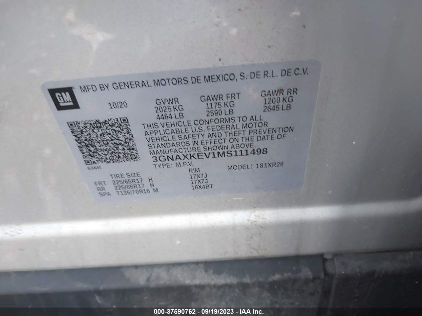 2021 CHEVROLET EQUINOX LT - 3GNAXKEV1MS111498