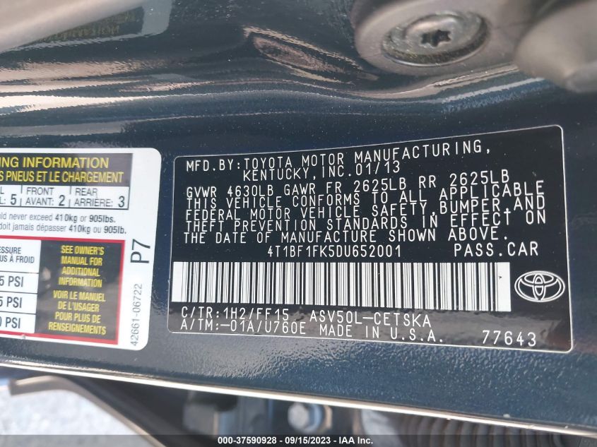 2013 TOYOTA CAMRY L/LE/SE/XLE - 4T1BF1FK5DU652001