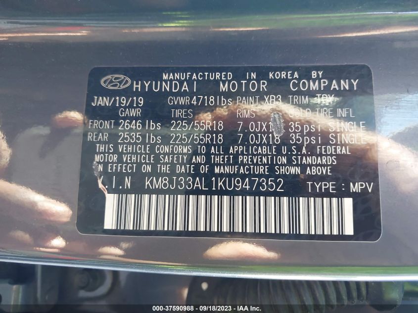 2019 HYUNDAI TUCSON SEL - KM8J33AL1KU947352