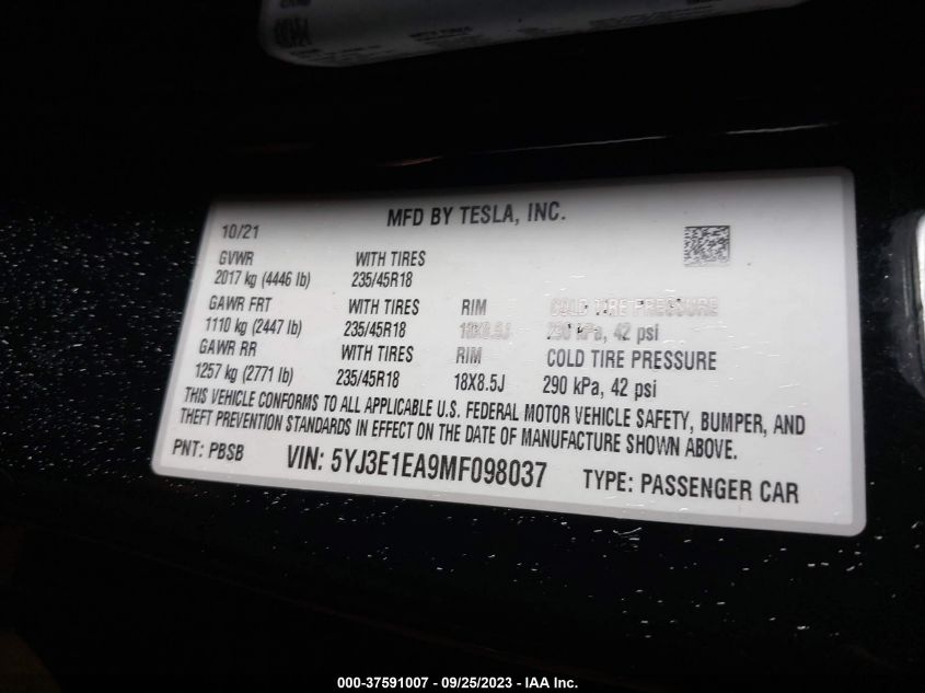 2021 TESLA MODEL 3 STANDARD RANGE PLUS - 5YJ3E1EA9MF098037