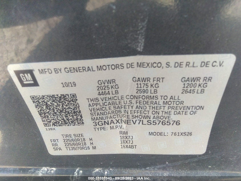 VIN 3GNAXNEV7LS576576 2020 CHEVROLET EQUINOX PREMIER