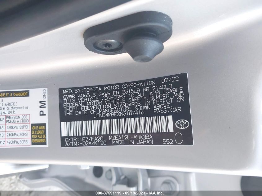 2022 TOYOTA COROLLA HATCHBACK SE/NIGHTSHADE/XSE JTND4MBEXN3187416