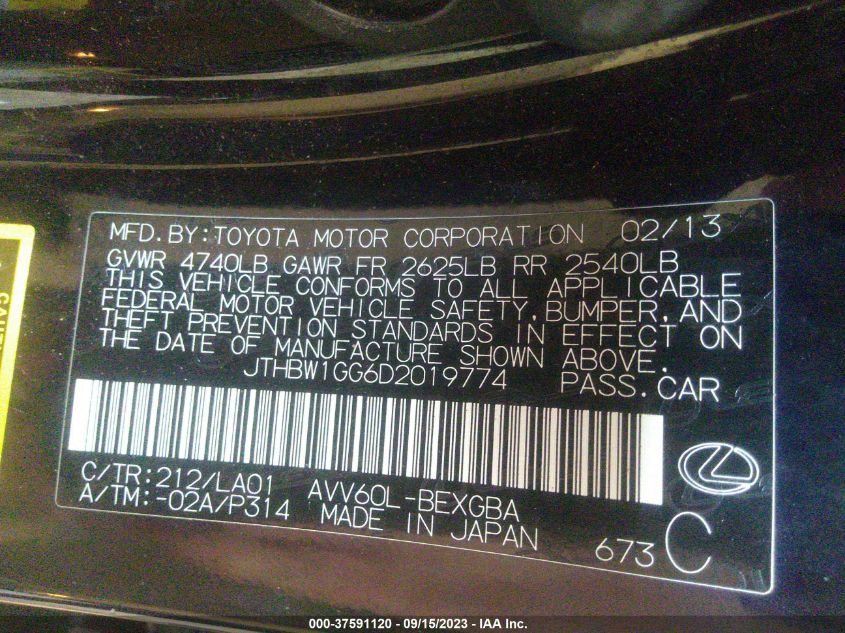 2013 LEXUS ES 300H HYBRID JTHBW1GG6D2019774
